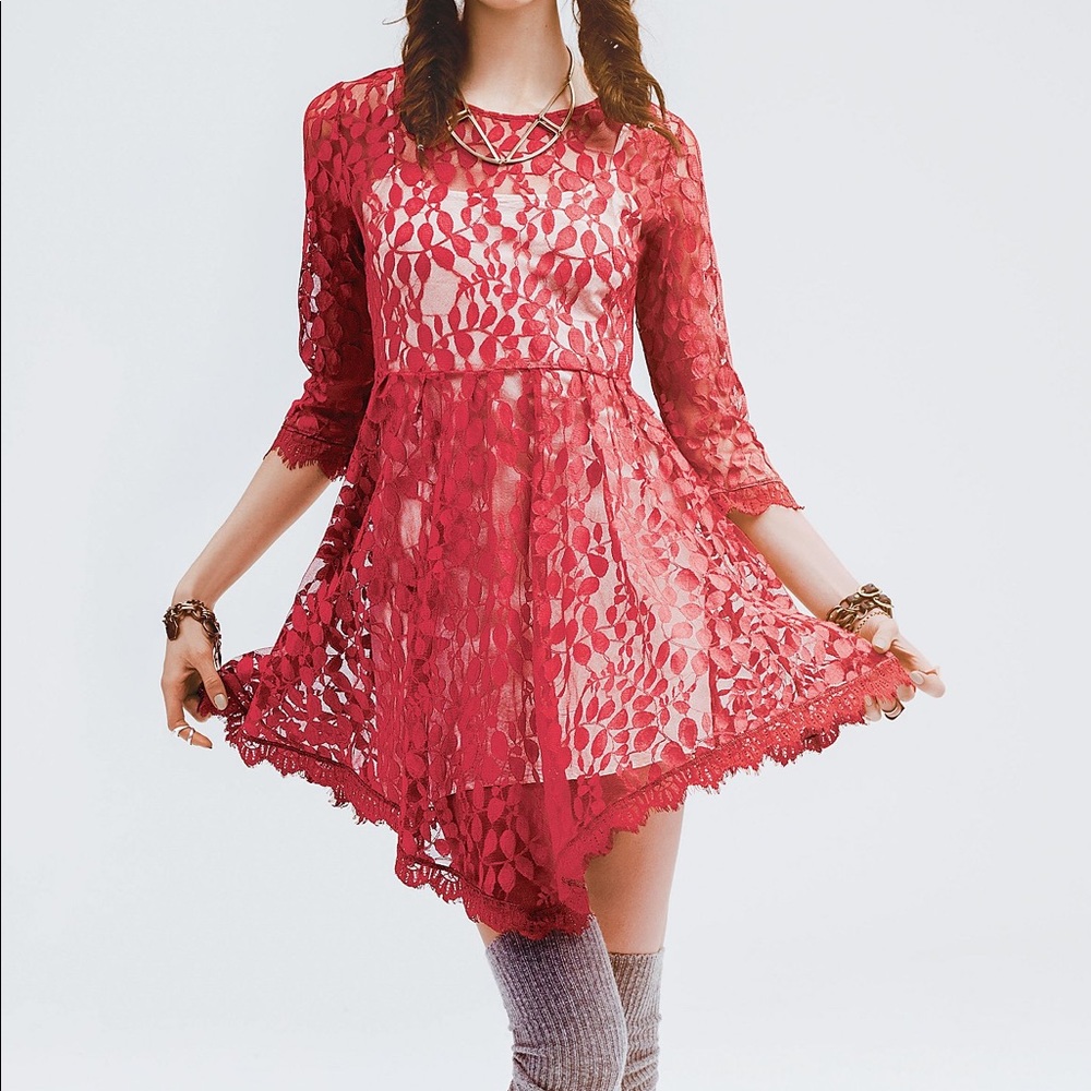 Free People Red Floral Mesh Lace Mini Dress Size 6